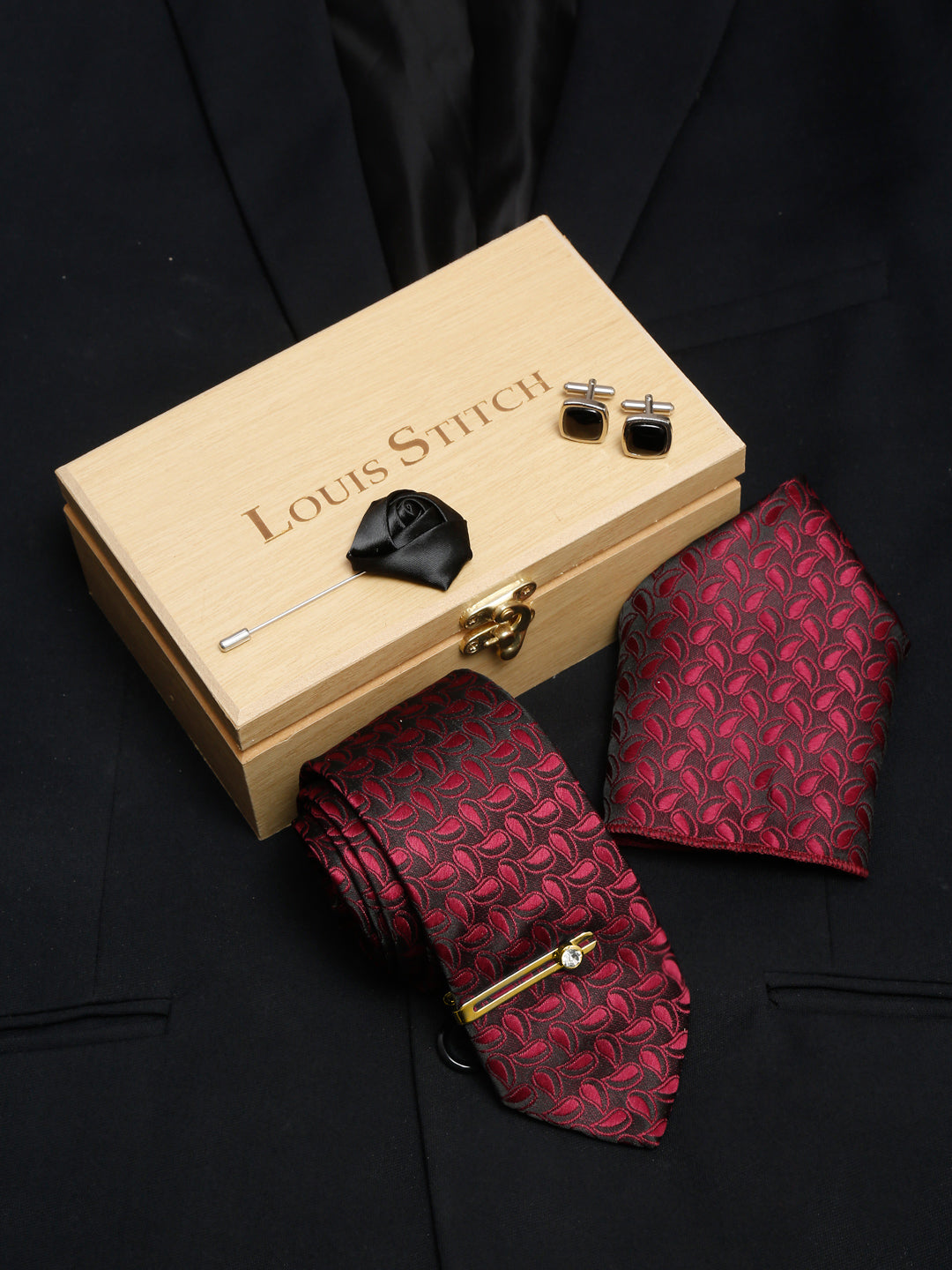 Burgundy Red Luxury Italian Silk Necktie Set With Pocket Square Cufflinks Brooch Gold Tie pin