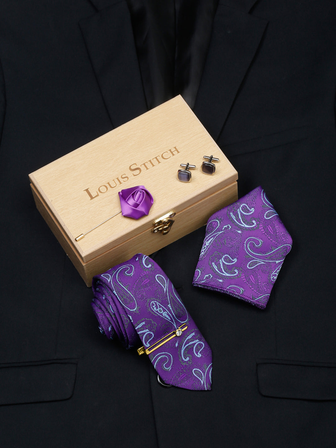 Purple Luxury Italian Silk Necktie Set With Pocket Square Cufflinks Brooch Gold Tie pin