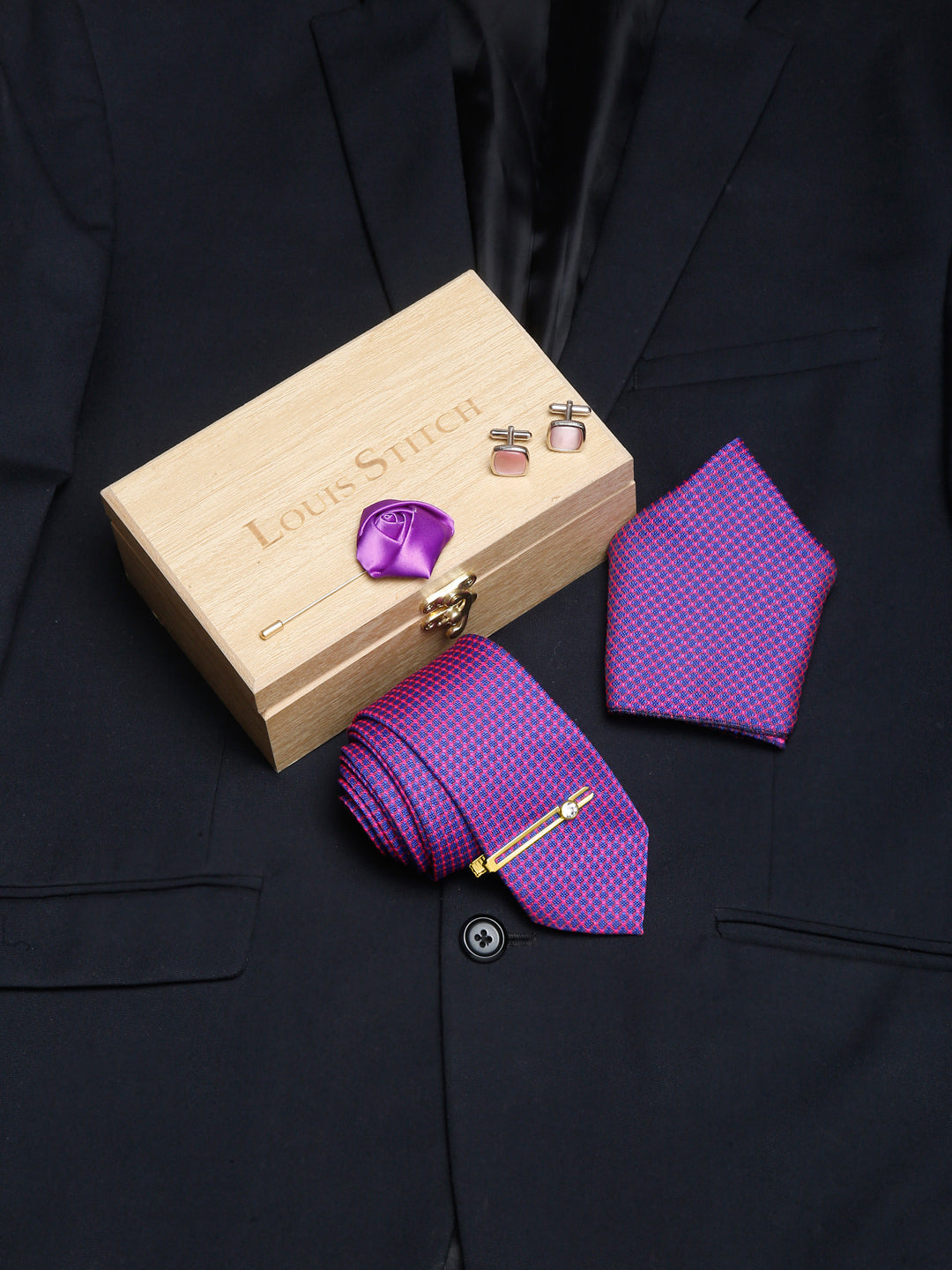 Violet Luxury Italian Silk Necktie Set With Pocket Square Cufflinks Brooch Gold Tie pin