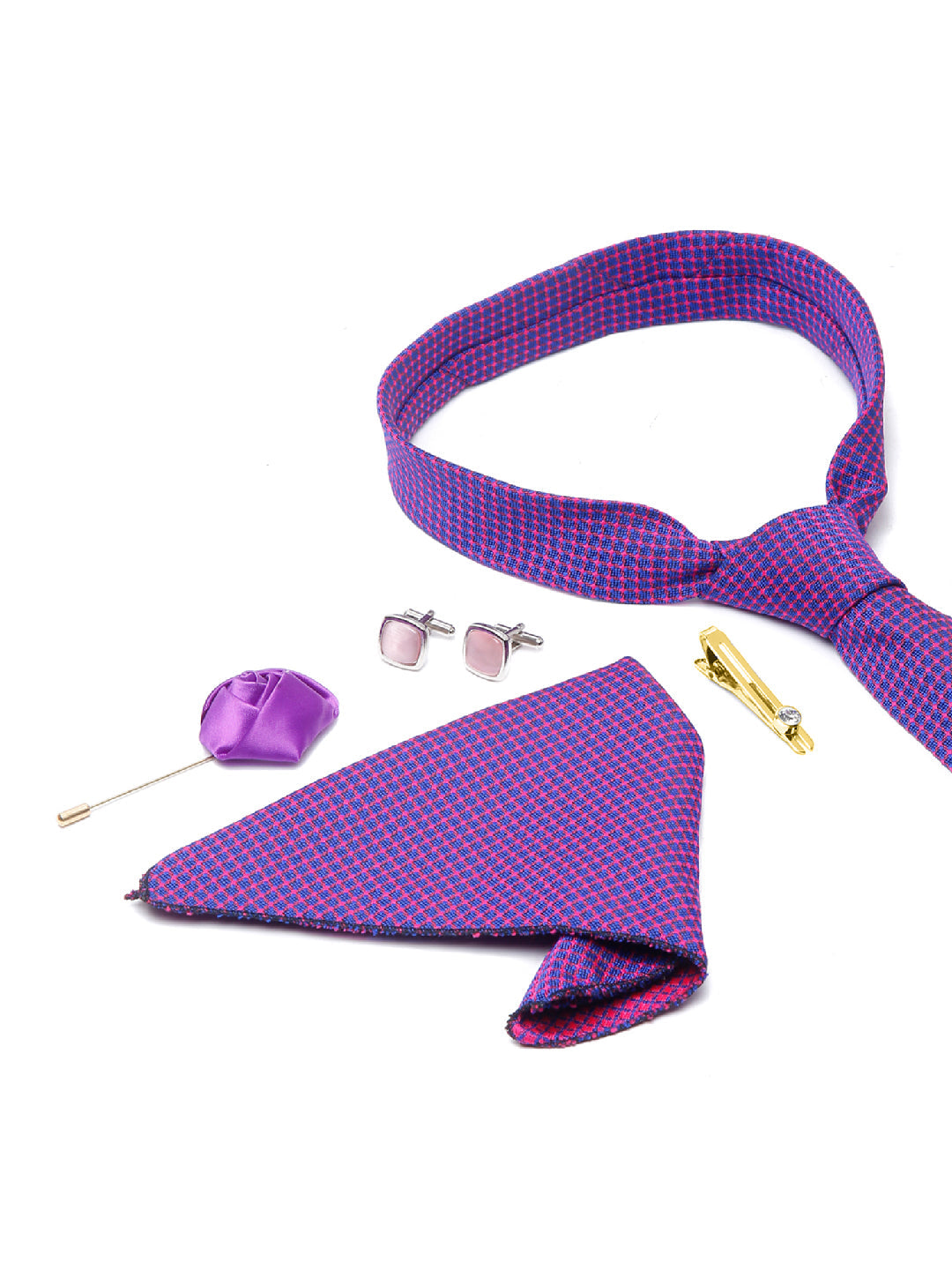 Violet Luxury Italian Silk Necktie Set With Pocket Square Cufflinks Brooch Gold Tie pin