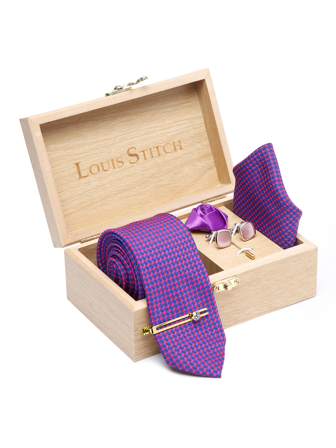 Violet Luxury Italian Silk Necktie Set With Pocket Square Cufflinks Brooch Gold Tie pin