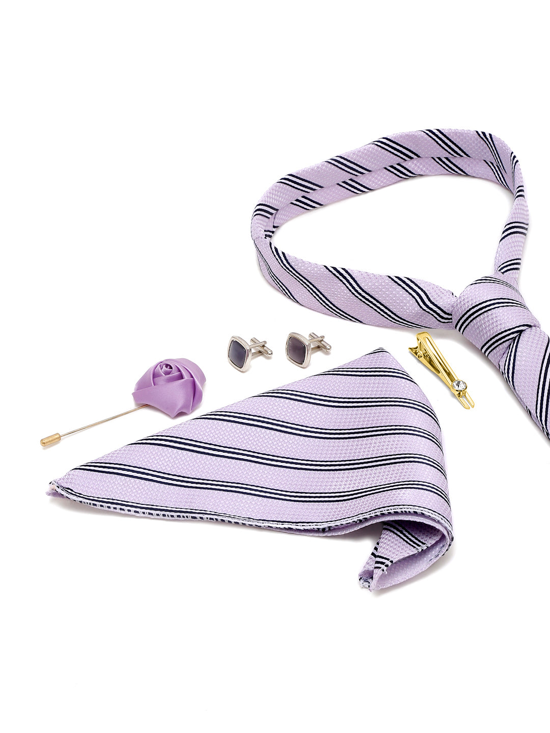 Lavender Italian Silk Necktie Set Pocket Square Golden Tiepin cufflinks and Brooch