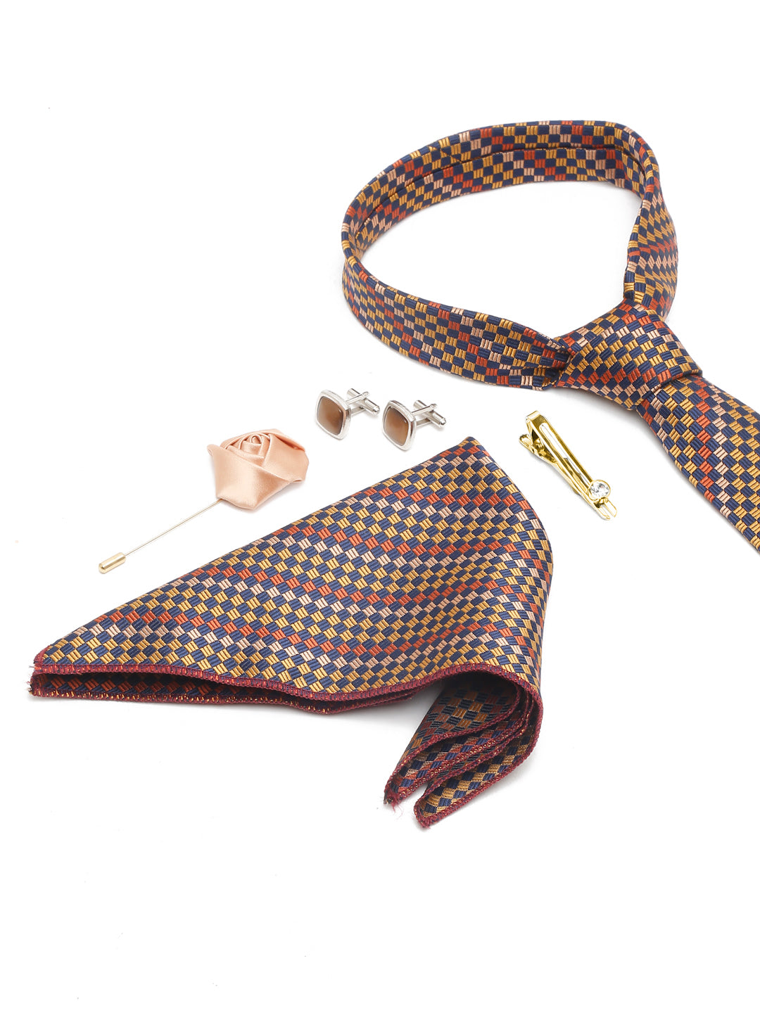 Munsell Yellow Luxury Italian Silk Necktie Set With Pocket Square Cufflinks Brooch Gold Tie pin