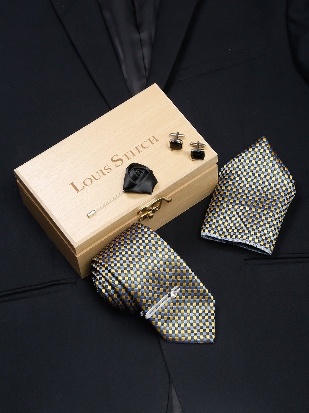 Canary Yellow Luxury Italian Silk Necktie Set With Pocket Square Cufflinks Brooch Chrome Tie pin