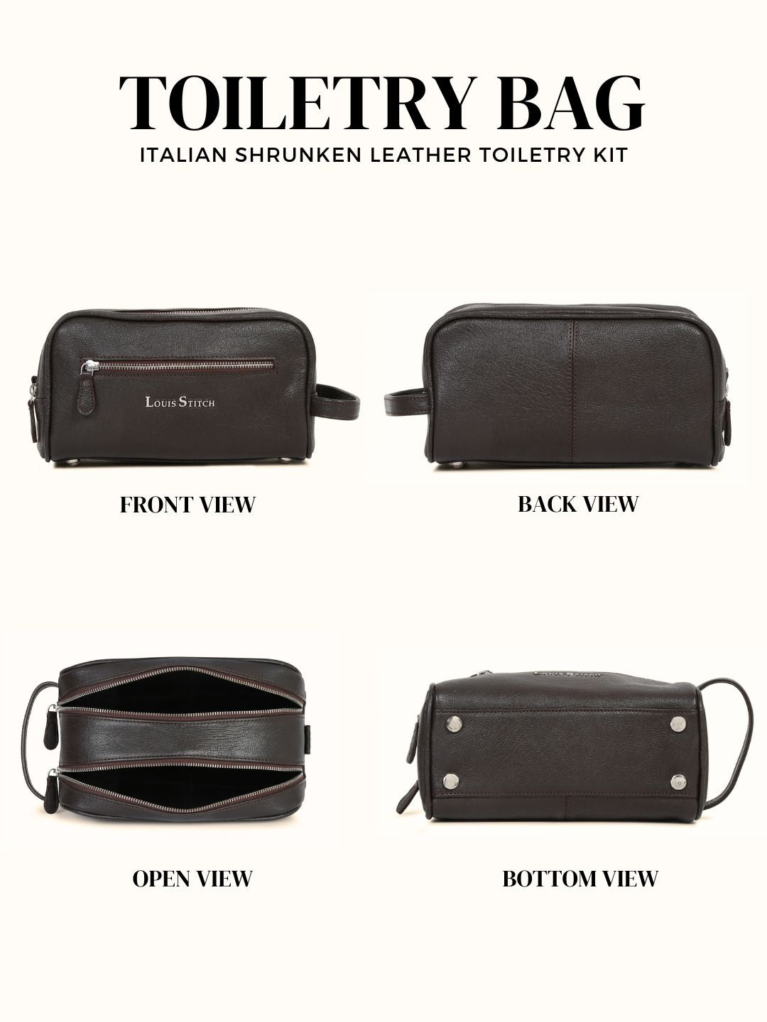 Men's Italian Shrunken Leather Toiletry Kit Travel Organizer Pouch with Multiple Compartments