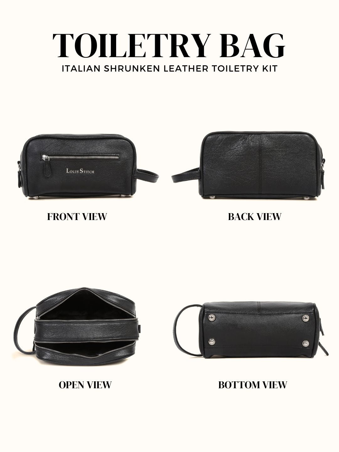 Men's Italian Shrunken Leather Toiletry Kit Travel Organizer Pouch with Multiple Compartments