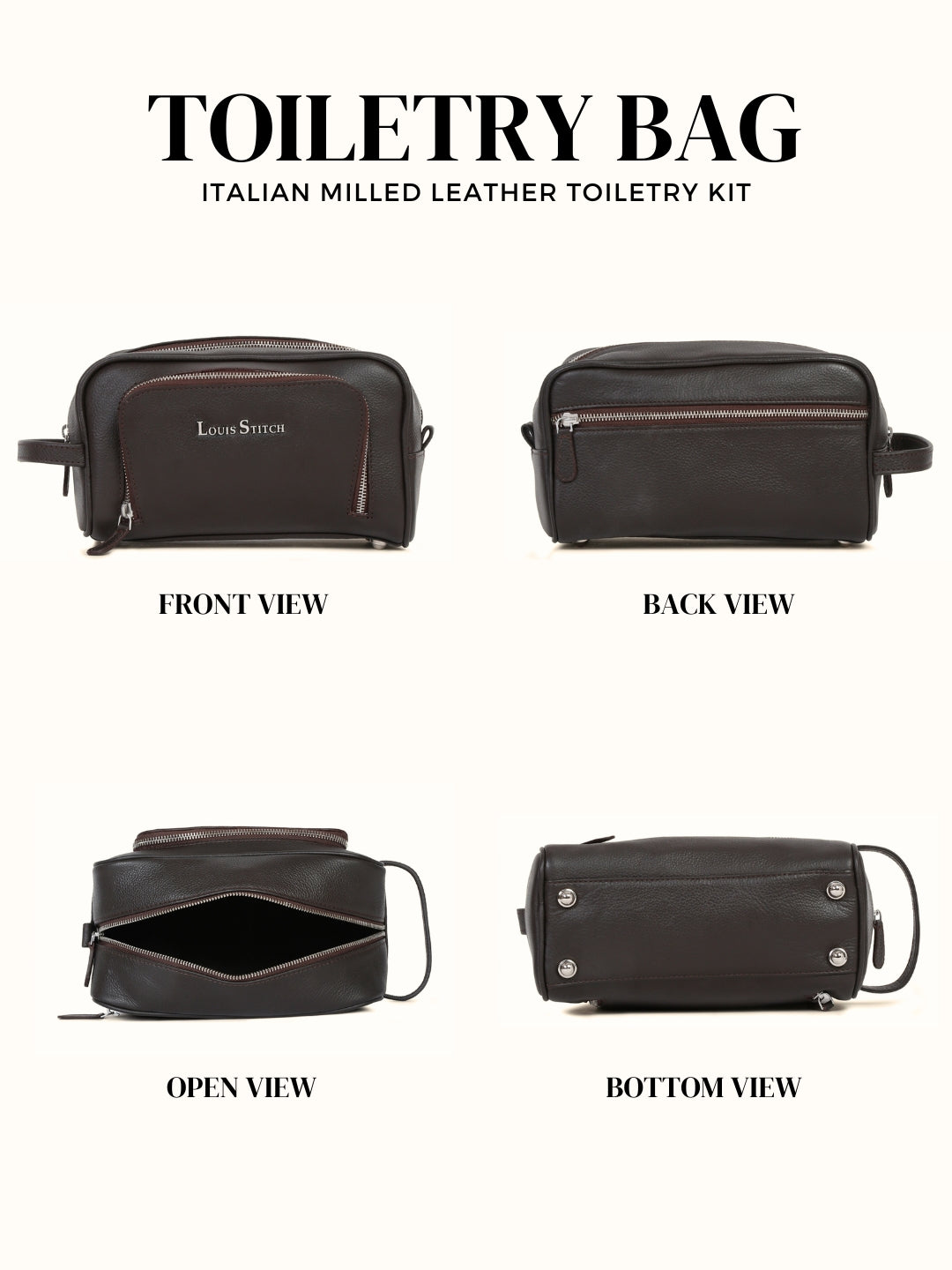 Men's Italian Milled Leather Toiletry Kit Travel Organizer Pouch with Multiple Compartments