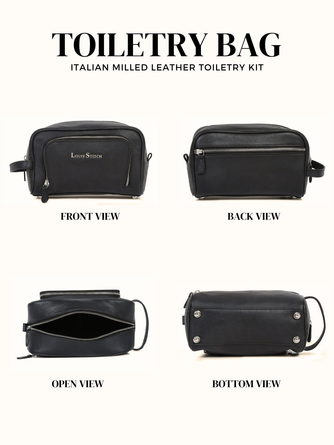 Men's Italian Milled Leather Toiletry Kit Travel Organizer Pouch with Multiple Compartments