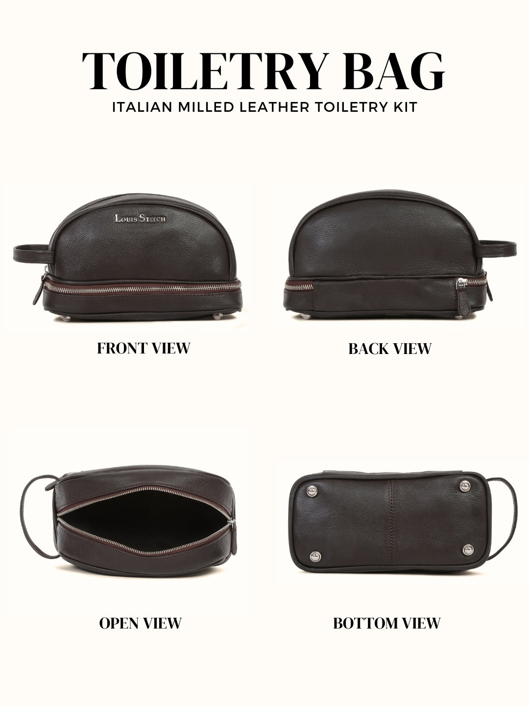 Men's Italian Milled Leather Toiletry Kit Travel Organizer Pouch with Multiple Compartments