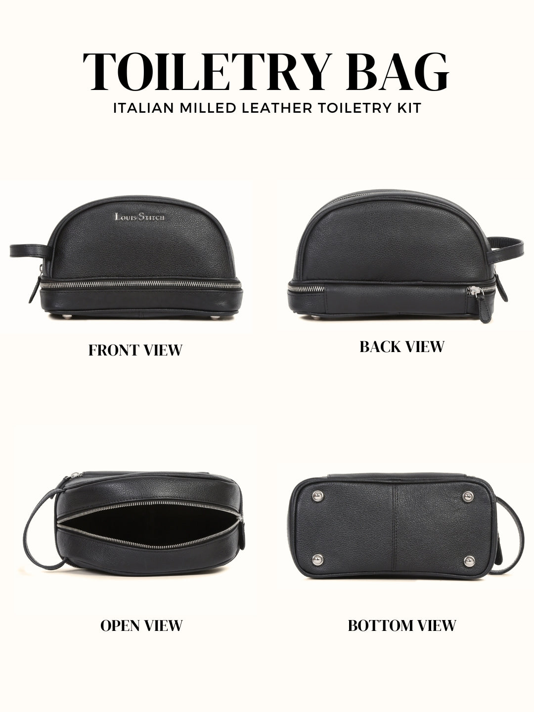 Men's Italian Milled Leather Toiletry Kit Travel Organizer Pouch with Multiple Compartments