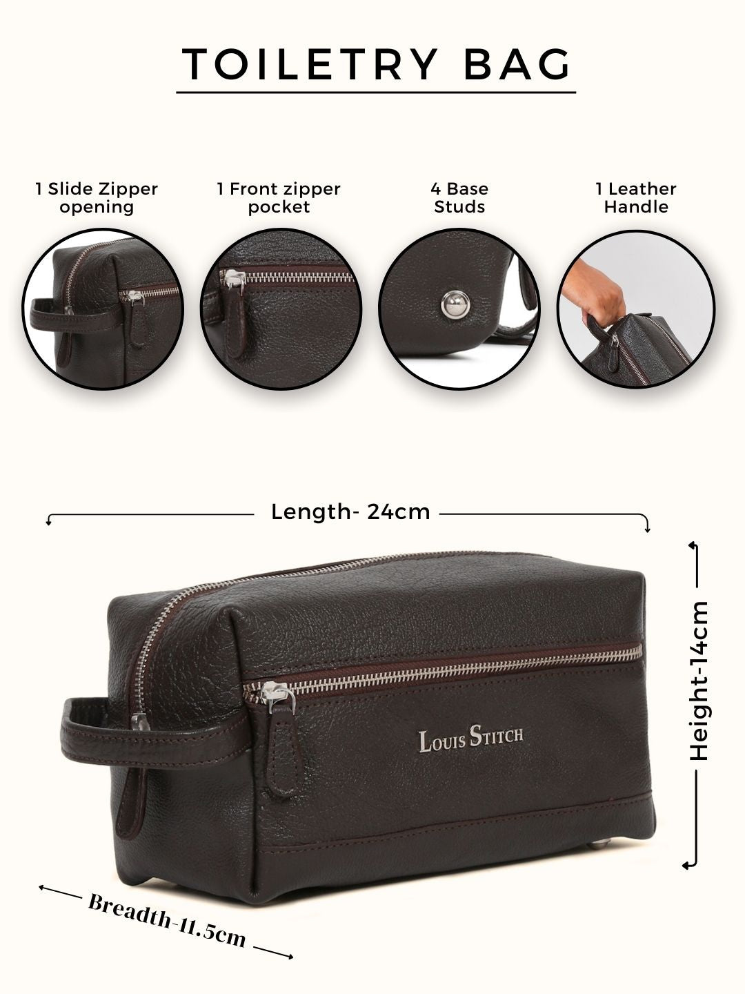 Men's Italian Shrunken Leather Toiletry Kit Travel Organizer Pouch with Multiple Compartments