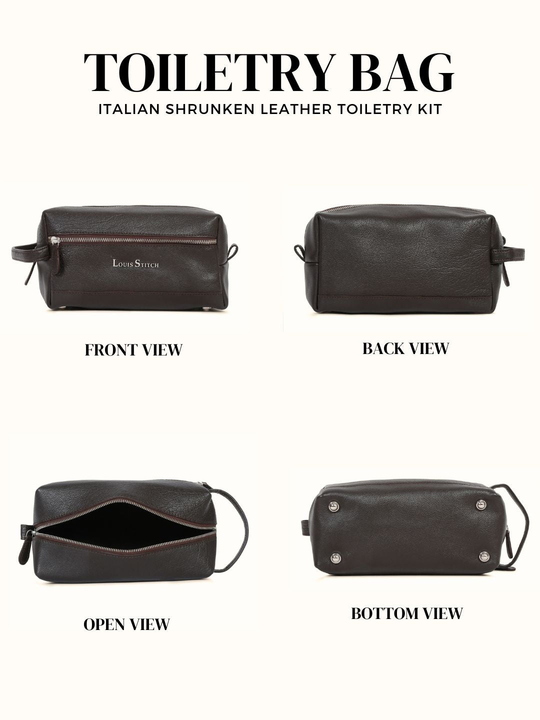 Men's Italian Shrunken Leather Toiletry Kit Travel Organizer Pouch with Multiple Compartments