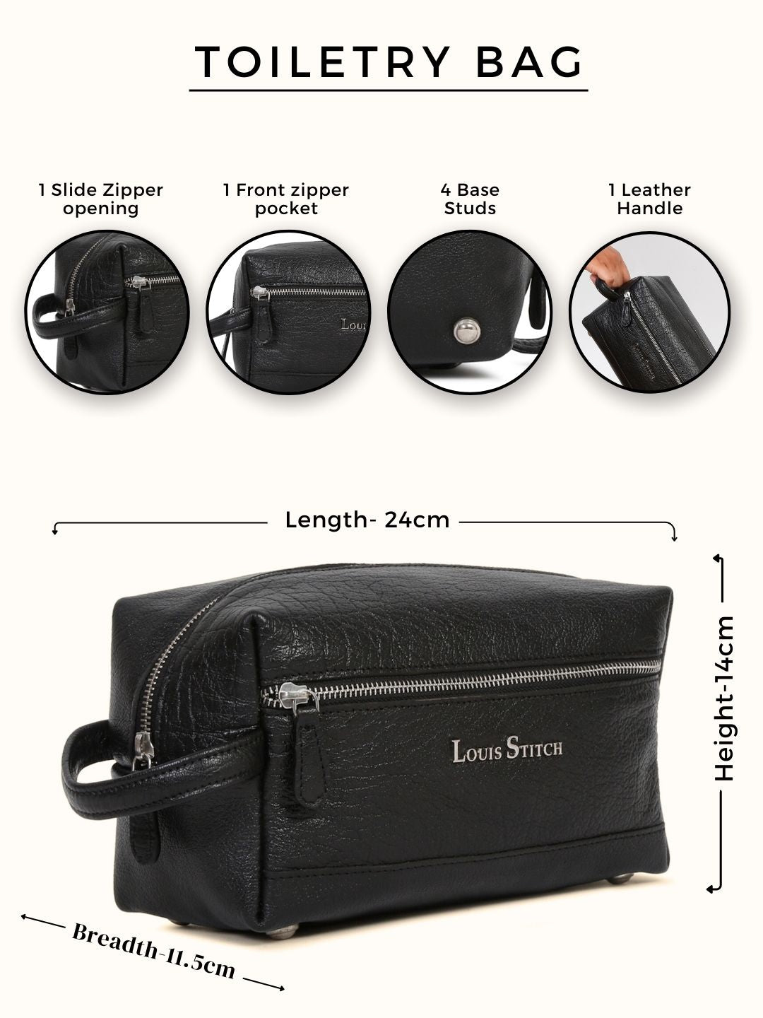 Men's Italian Shrunken Leather Toiletry Kit Travel Organizer Pouch with Multiple Compartments