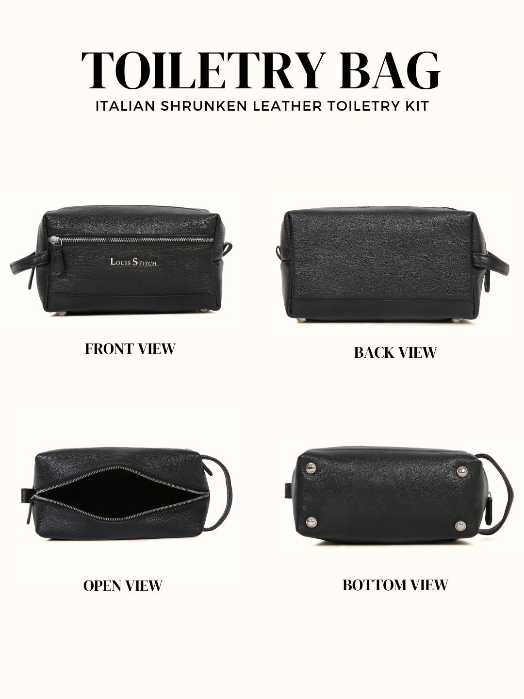 Men's Italian Shrunken Leather Toiletry Kit Travel Organizer Pouch with Multiple Compartments