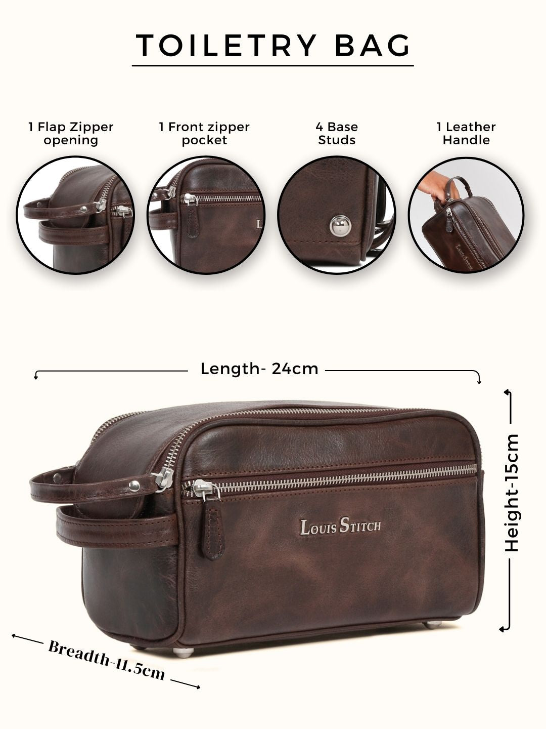 Men's Italian Leather Toiletry Kit Travel Organizer Pouch with Multiple Compartments