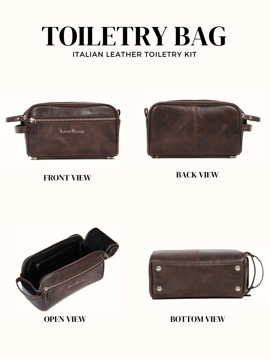 Men's Italian Leather Toiletry Kit Travel Organizer Pouch with Multiple Compartments