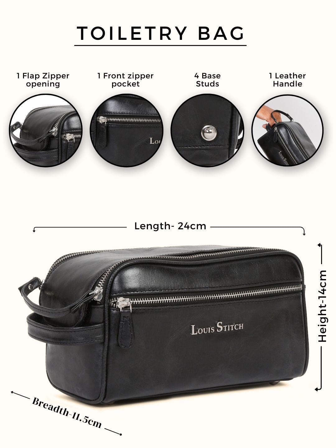 Men's Italian Leather Toiletry Kit Travel Organizer Pouch with Multiple Compartments