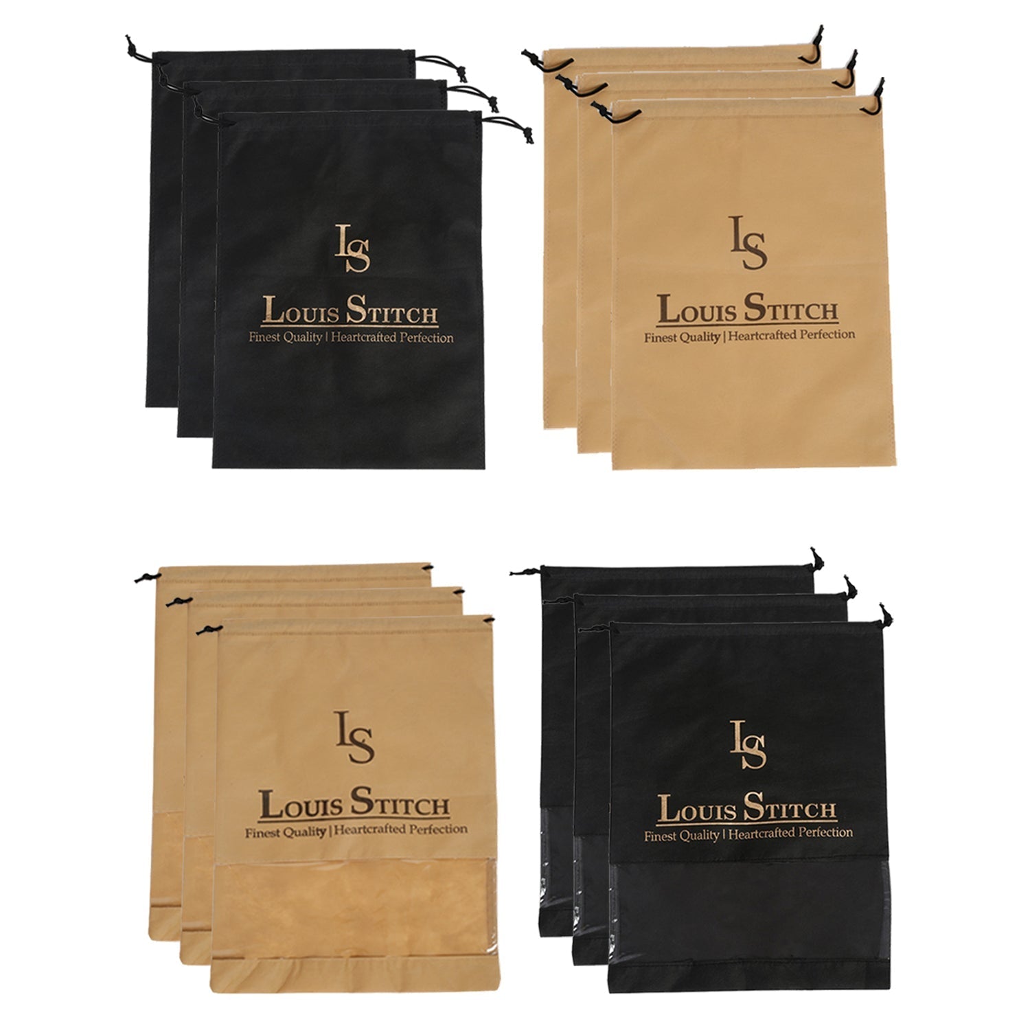  Non Woven Shoe Bag Pack Of  12 Black & Beige Plain - See Thru