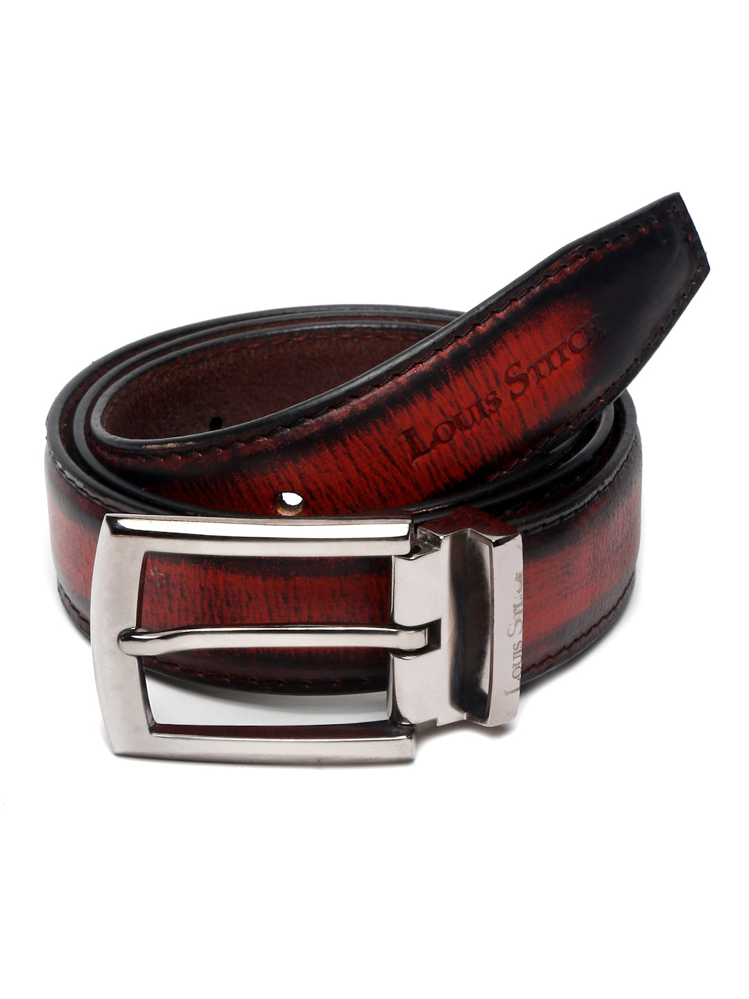 Rosewood Red LOUIS STITCH Men's Rosewood Red Italian Raw Leather Belt Premium Hand Padded Casual Belts for Men