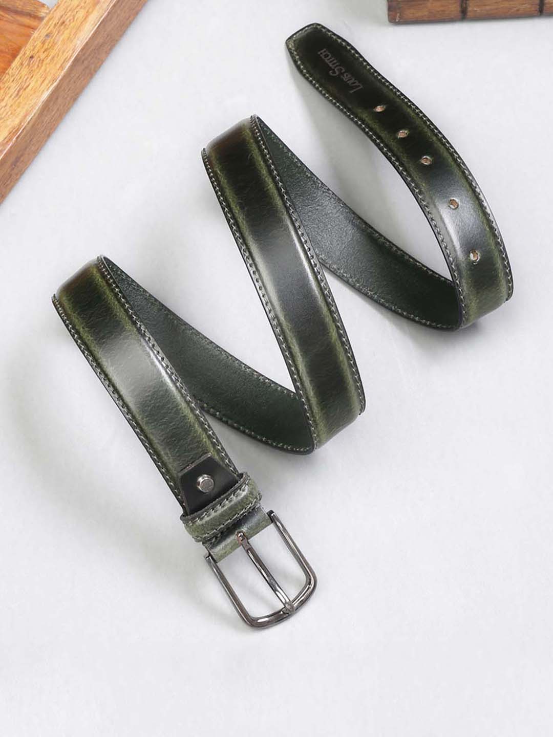 Green Men'S Seaweed Green Italian Raw Crunch Leather Belt Handcrafted With Glossy Buckle