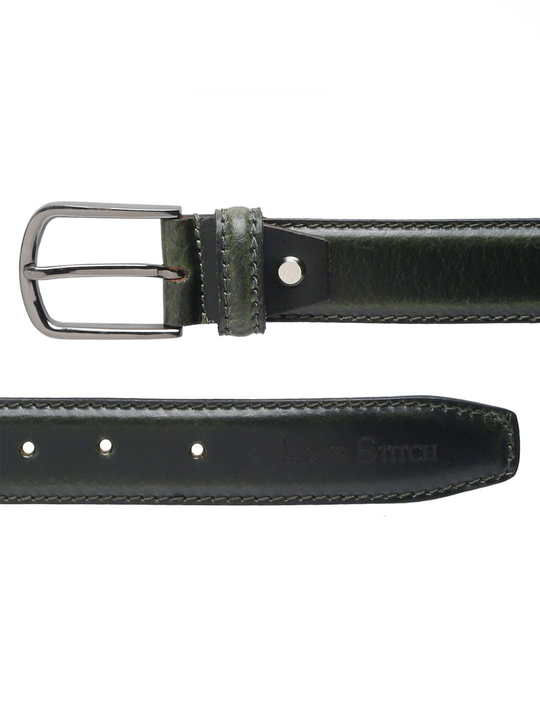 Men'S Seaweed Green Italian Raw Crunch Leather Belt Handcrafted With Glossy Buckle