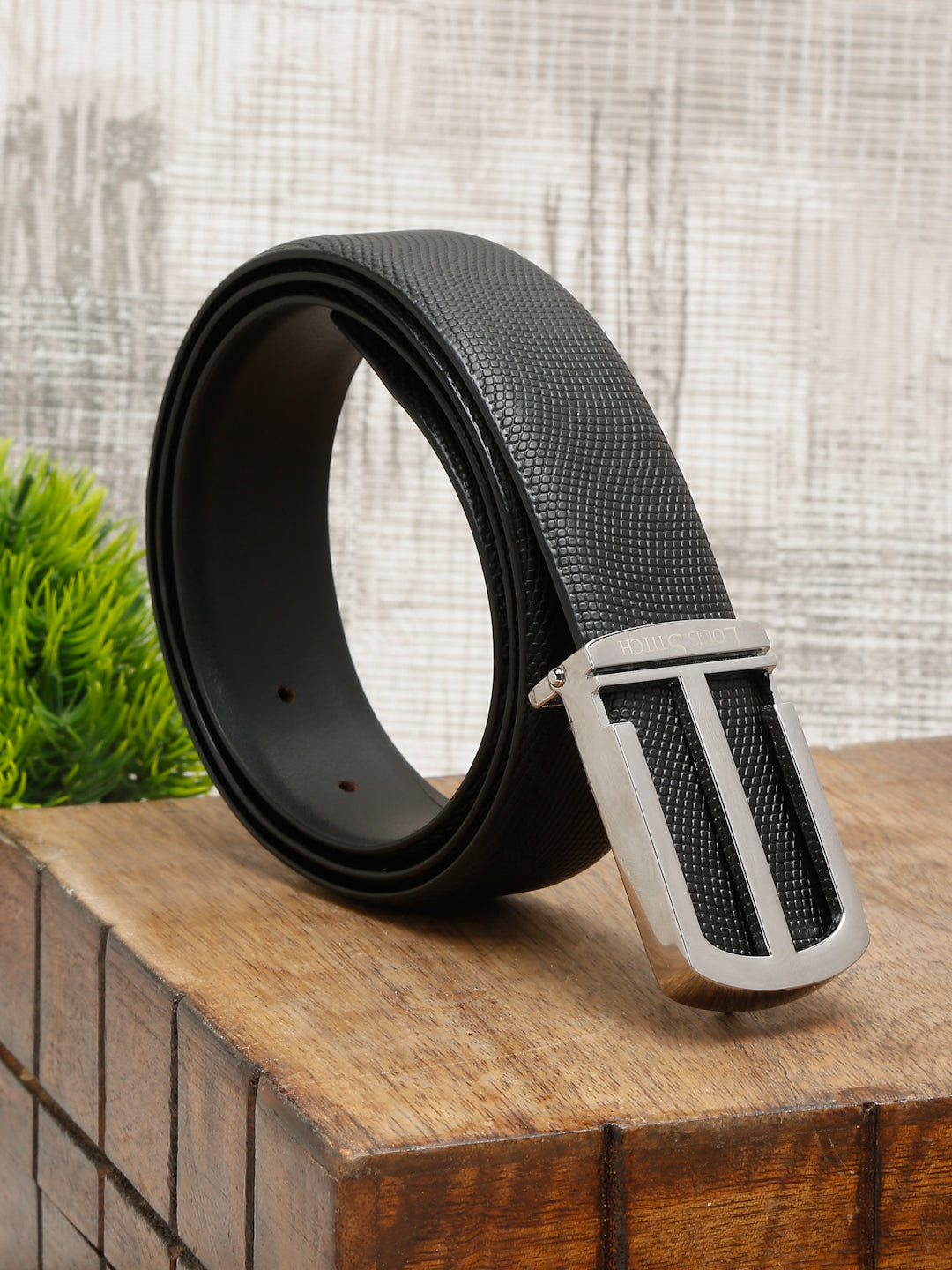 Black/Chrome Men's Black Formal Italian Leather Textured Belt For Men