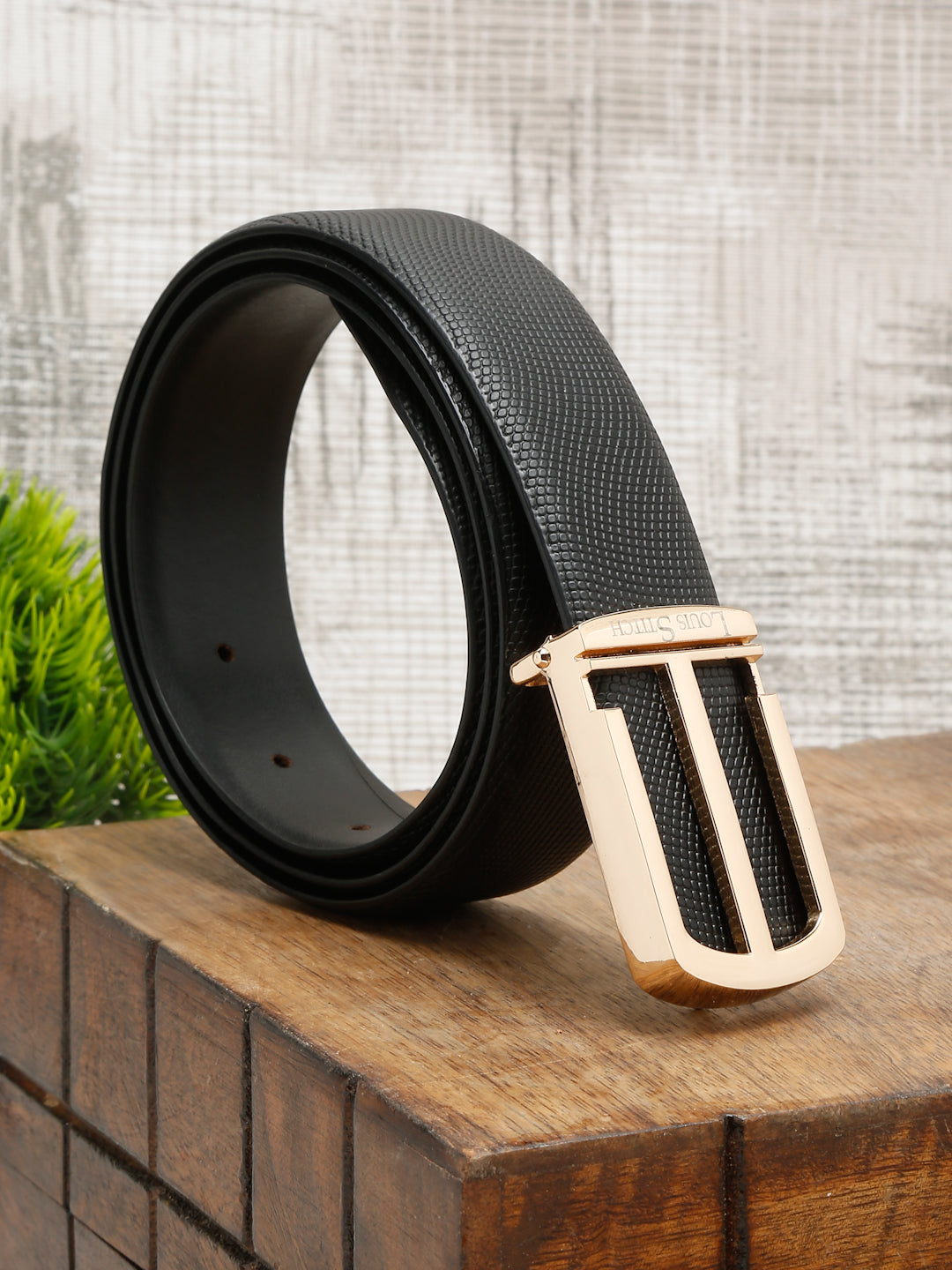 Men's Black Formal Italian Leather Textured Belt For Men