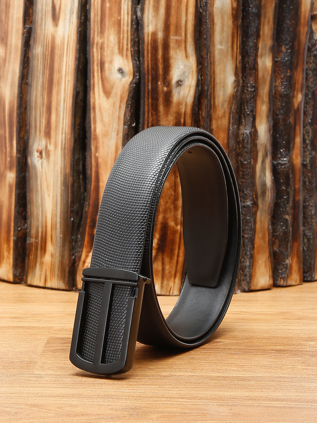 Black/Matt Gunmetal Men's Black Formal Italian Leather Textured Belt For Men