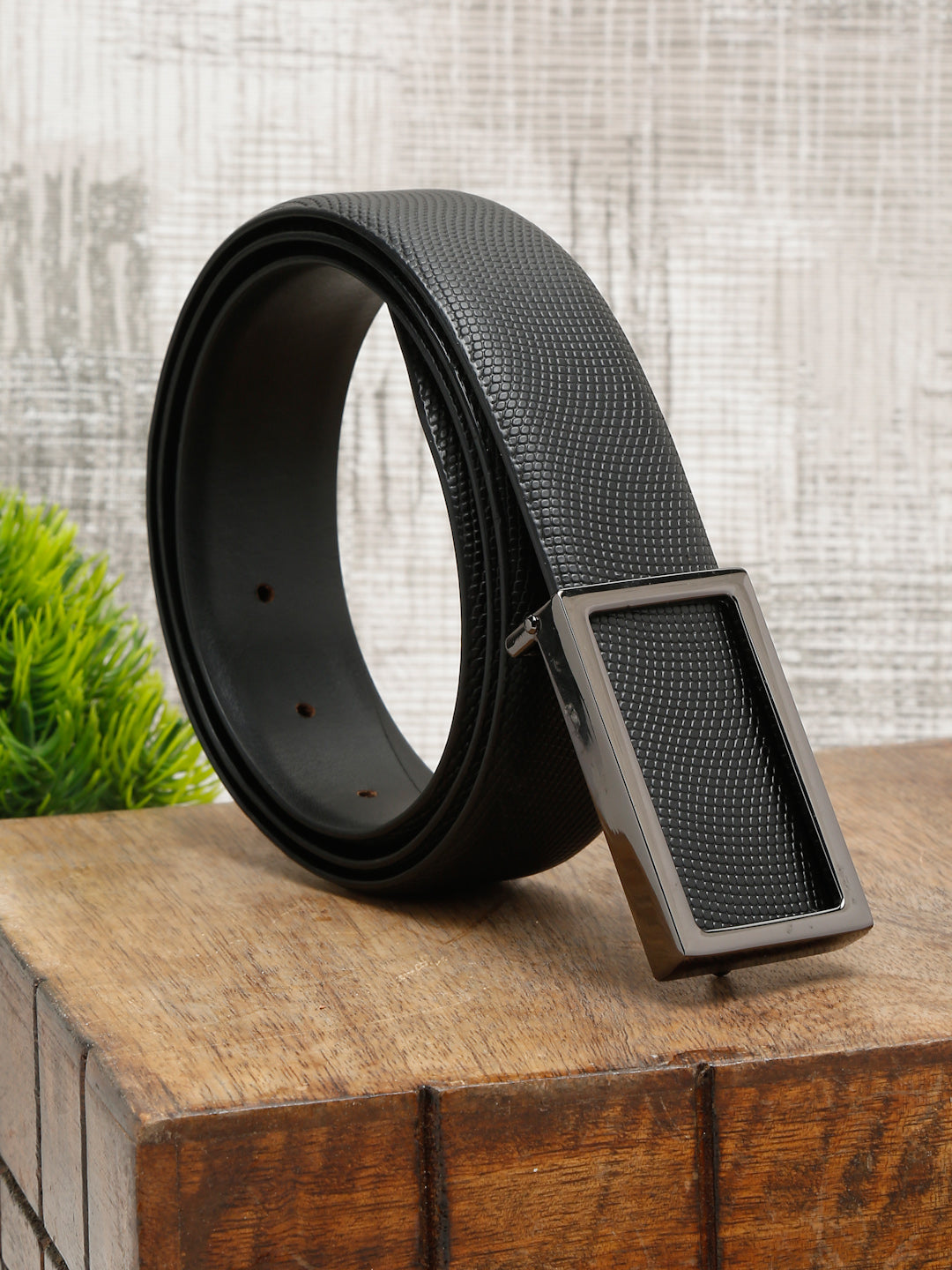 Black/Gunmetal Men's Black Formal Italian Leather Textured Belt For Men