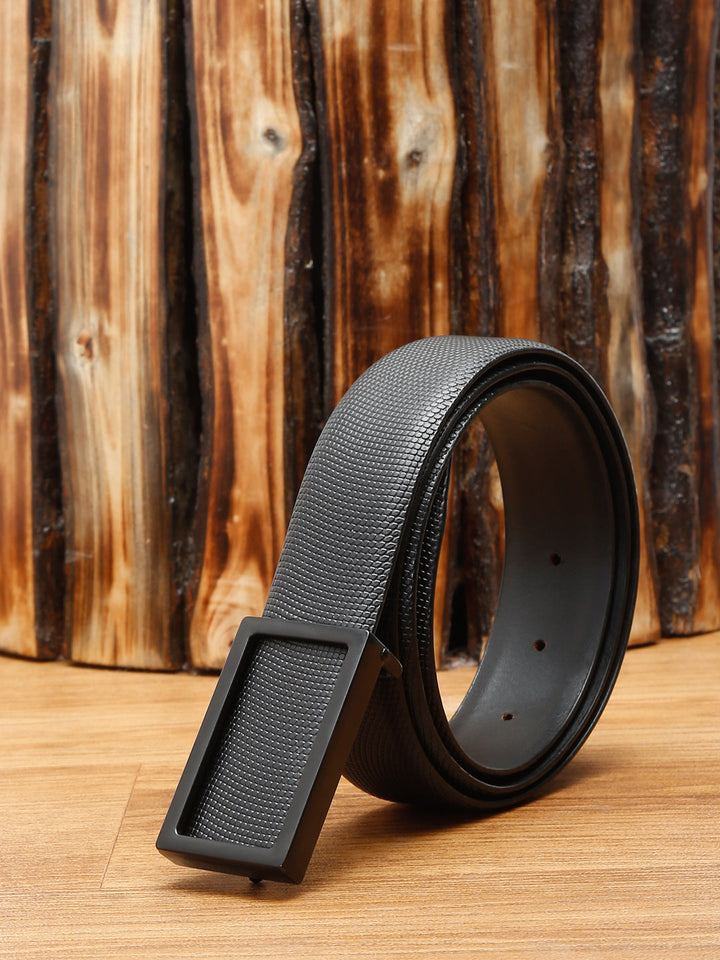 Black/Matt Gunmetal Men's Black Formal Italian Leather Textured Belt For Men