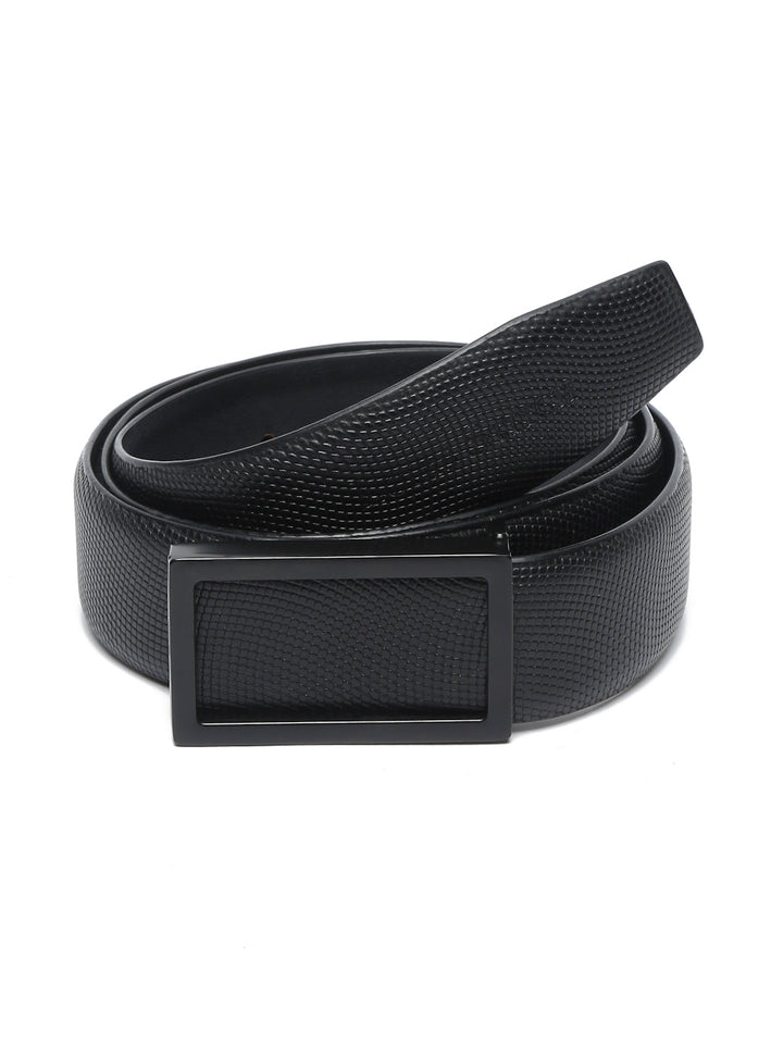 Black/Matt Gunmetal Men's Black Formal Italian Leather Textured Belt For Men