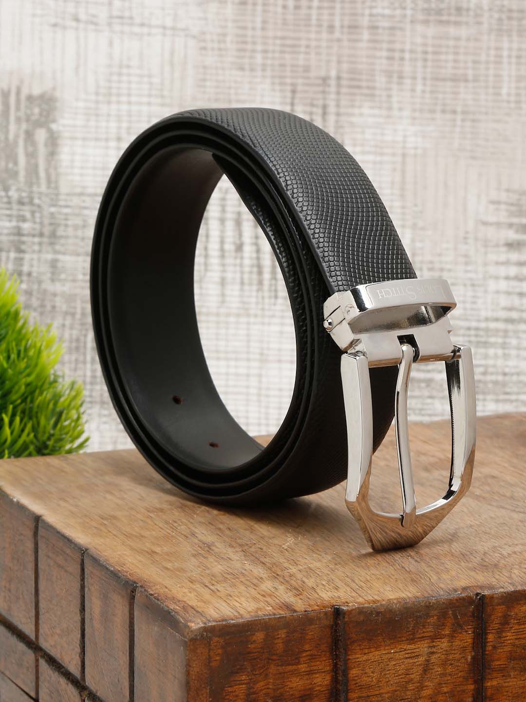 Black/Chrome Men's Black Formal Italian Leather Textured Belt For Men