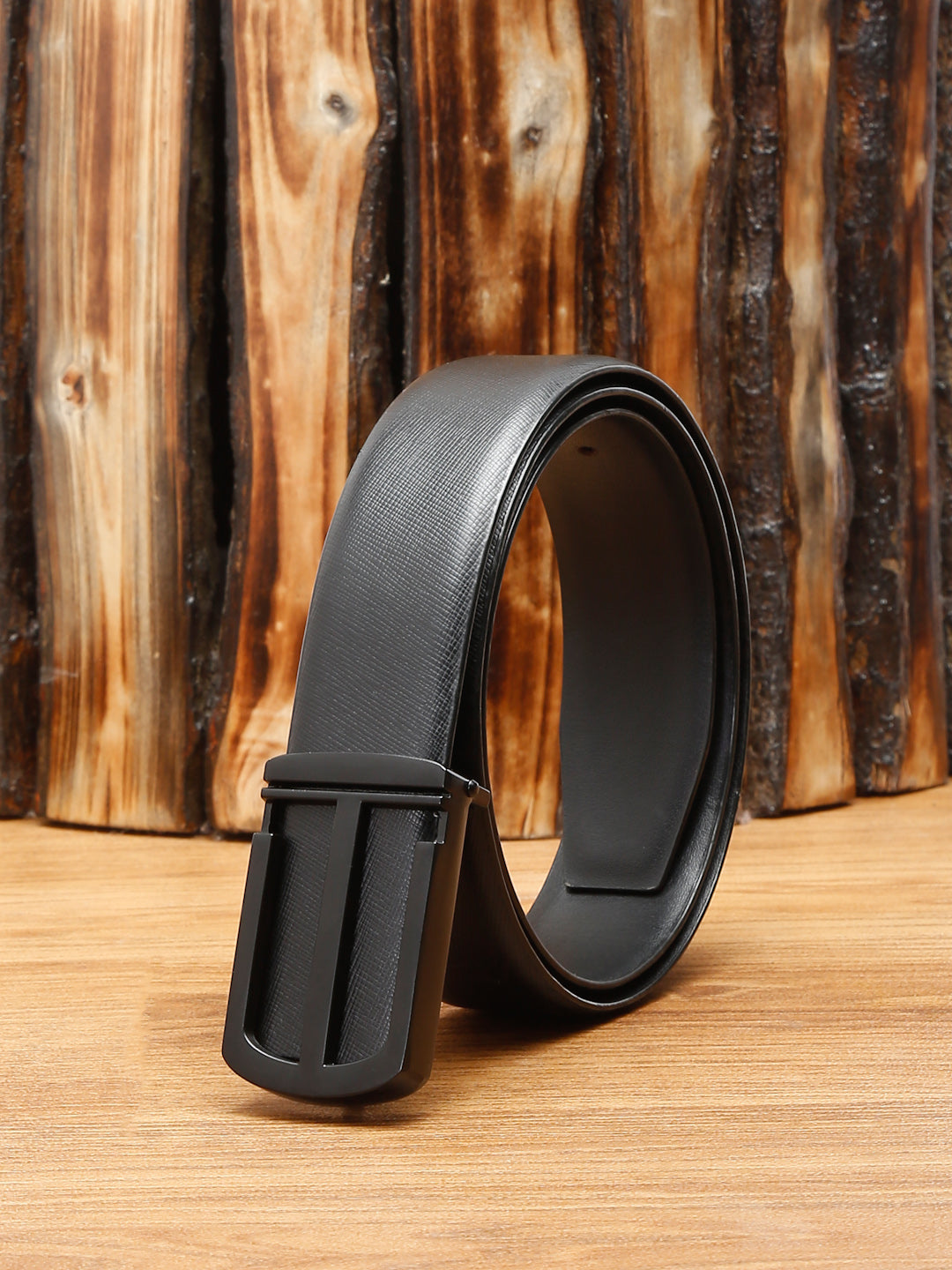 Black/Matt Gunmetal Men's Black Formal Italian Leather Textured Belt For Men