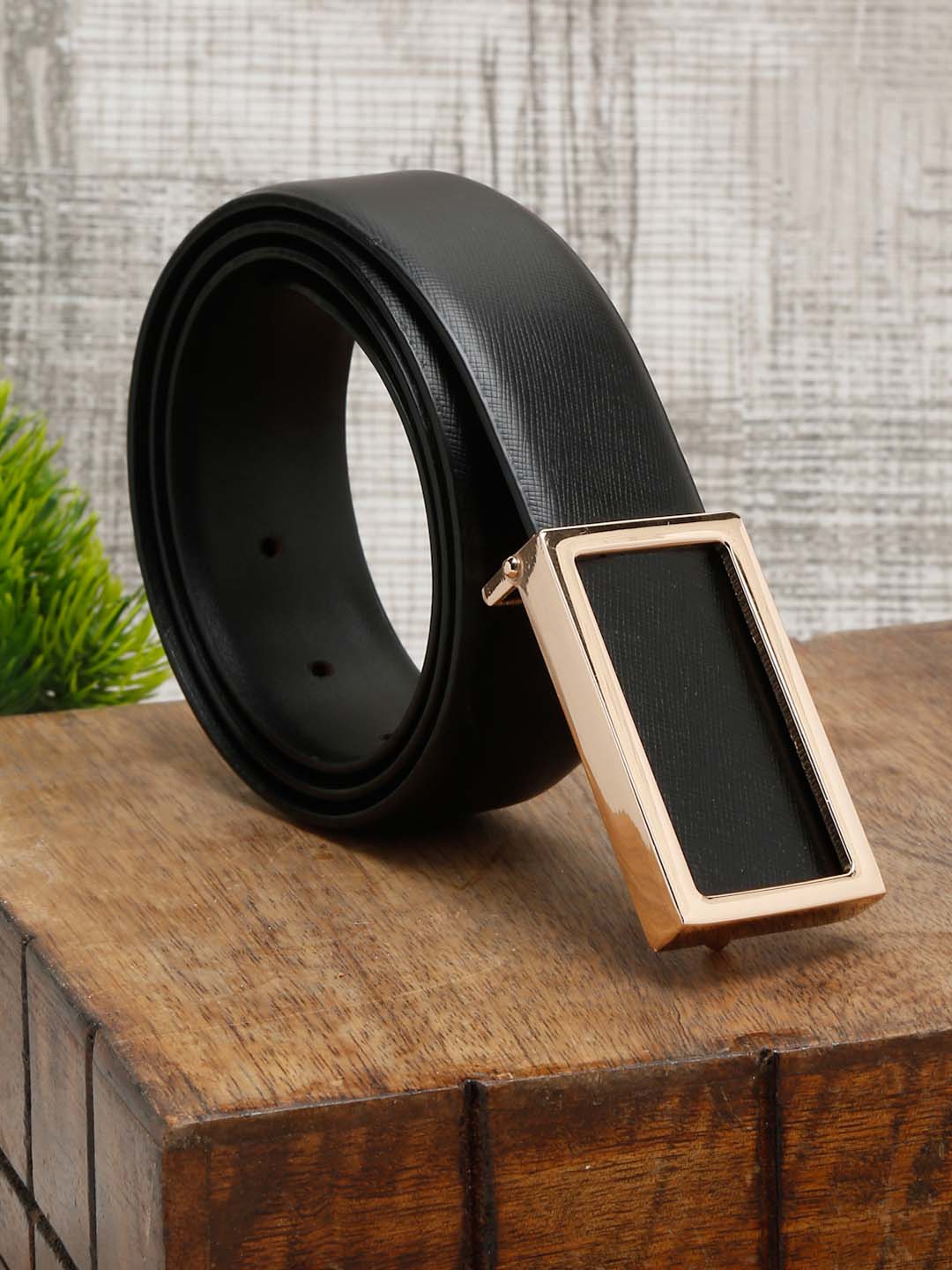 Black/Golden Men's Black Formal Italian Leather Textured Belt For Men