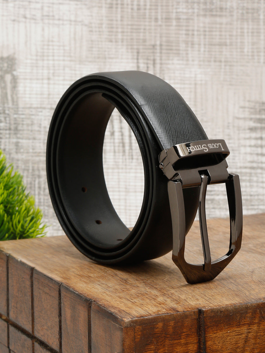 Black/Gunmetal Men's Black Formal Italian Leather Textured Belt For Men