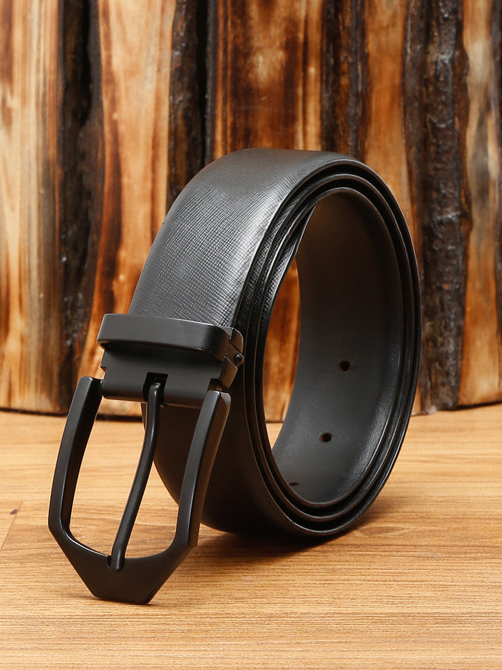 Black/Matt Gunmetal Men's Black Formal Italian Leather Textured Belt For Men