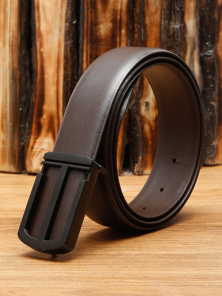 Black/Matt Gunmetal Men's Brown Formal Italian Leather Textured Belt For Men