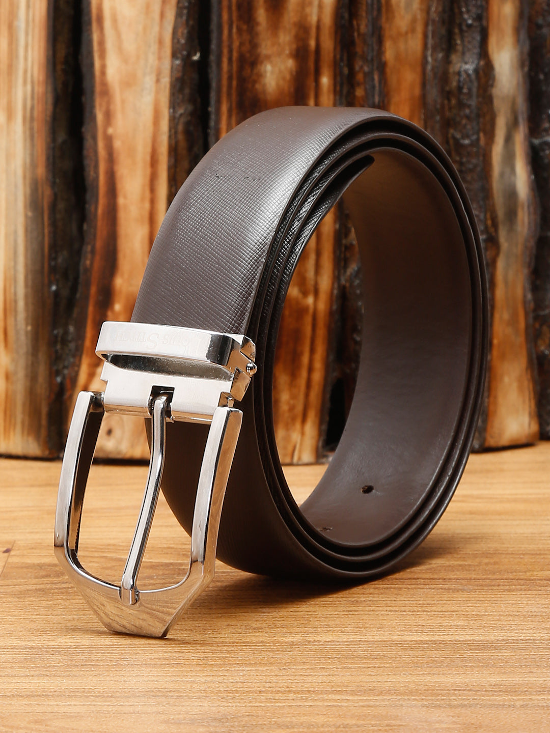 Black/Chrome Men's Brown Formal Italian Leather Textured Belt For Men