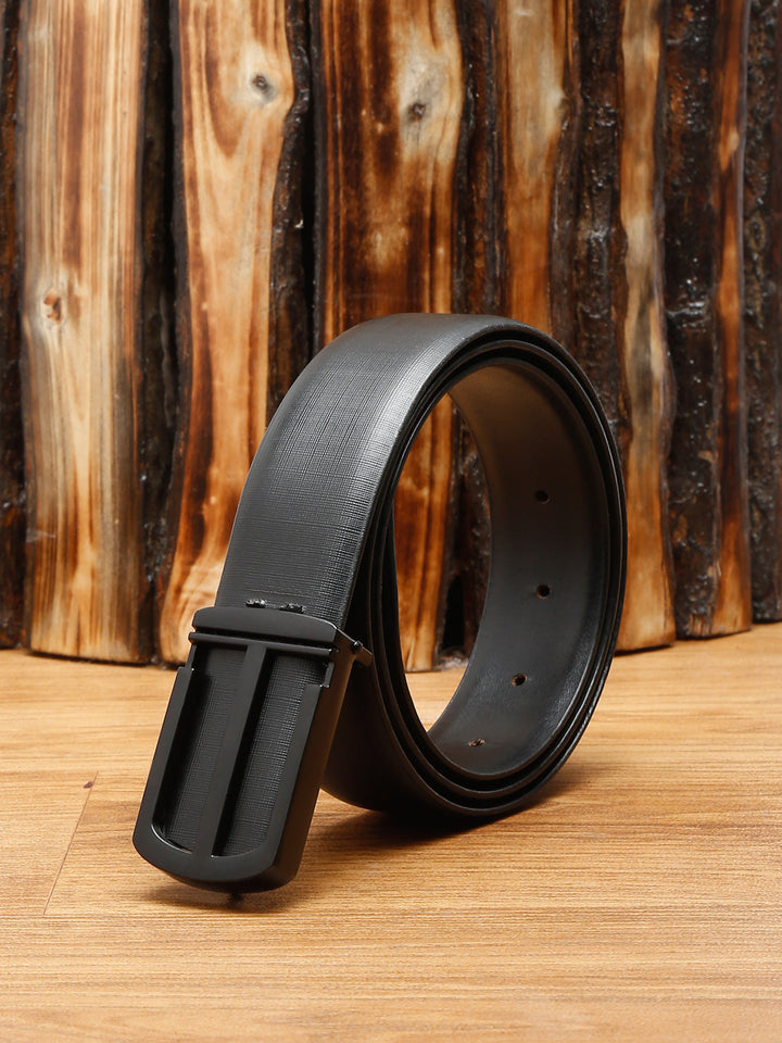 Black/Matt Gunmetal Men's Black Formal Italian Leather Textured Belt For Men