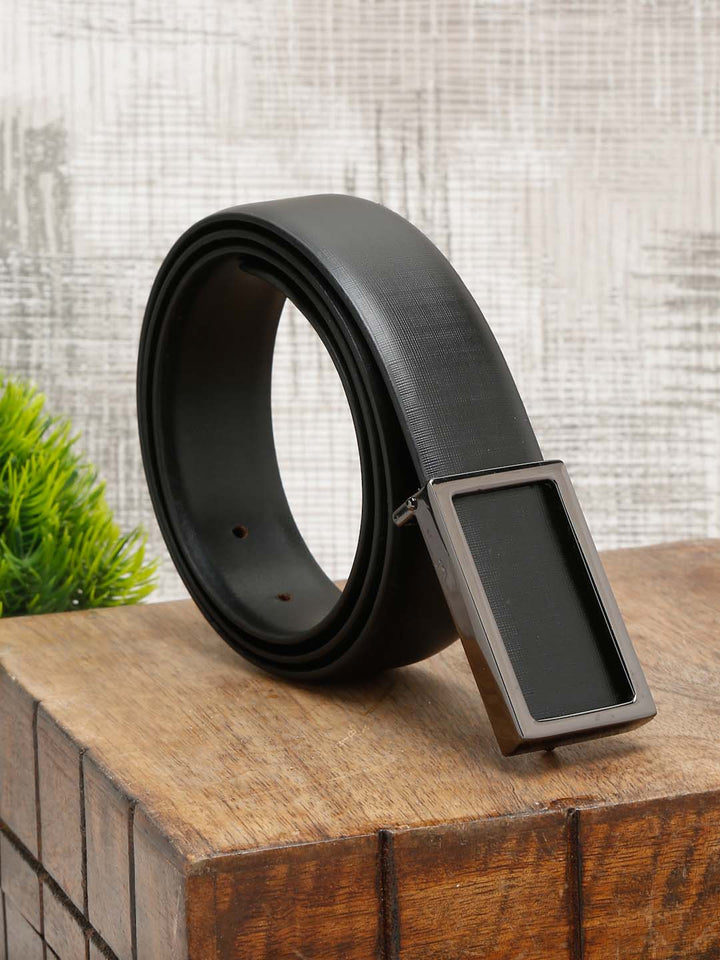 Black/Gunmetal Men's Black Formal Italian Leather Textured Belt For Men