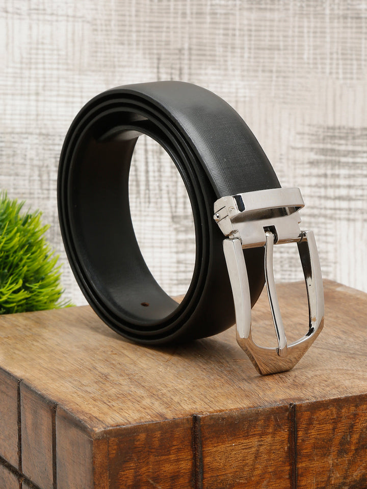 Black/Chrome Men's Black Formal Italian Leather Textured Belt For Men
