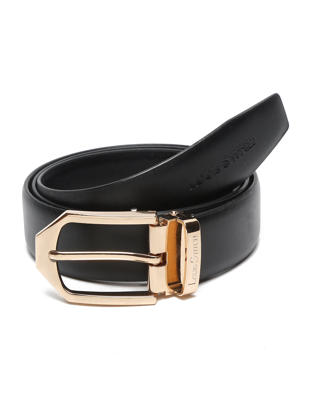 Black/Golden Men's Black Formal Italian Leather Textured Belt For Men