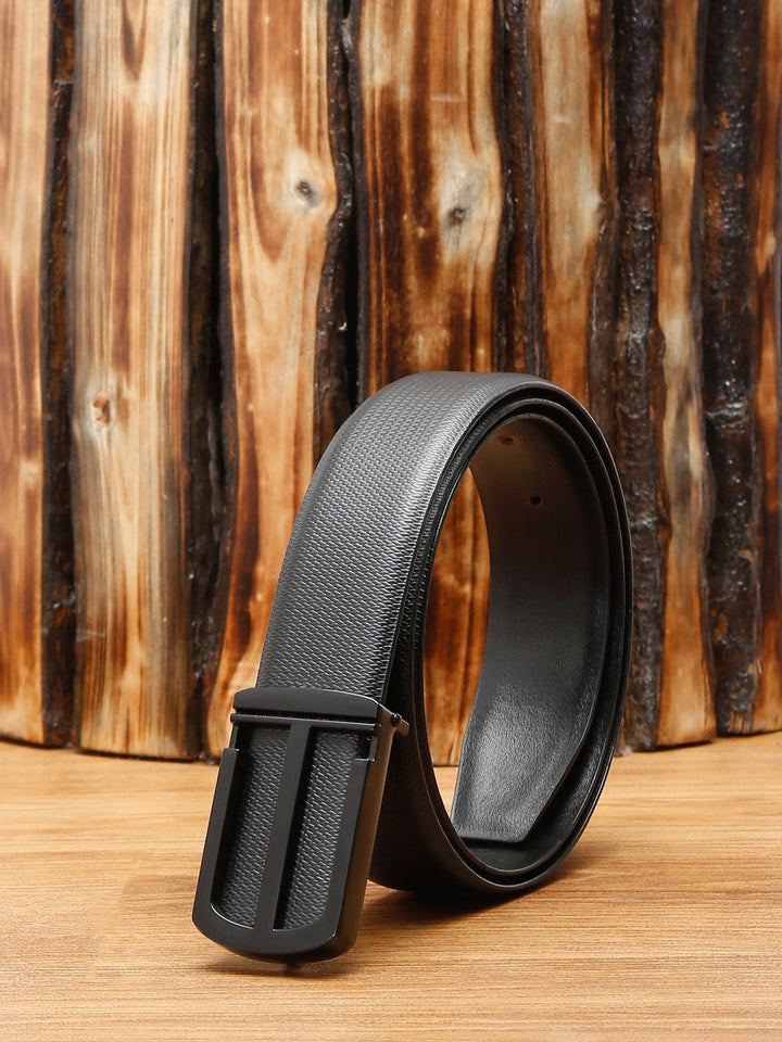 Black/Matt Gunmetal Men's Black Formal Italian Leather Textured Belt For Men