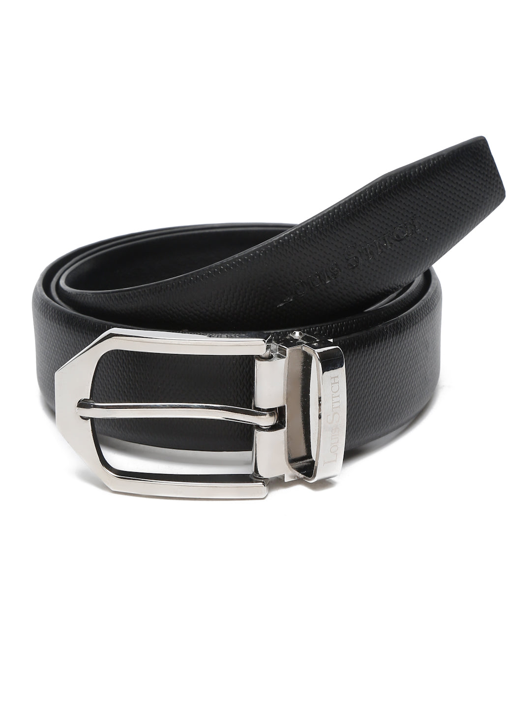 Black/Chrome Men's Black Formal Italian Leather Textured Belt For Men