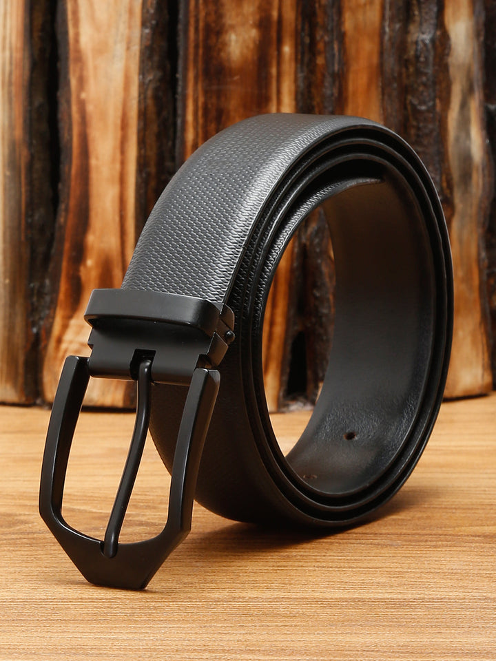 Black/Matt Gunmetal Men's Black Formal Italian Leather Textured Belt For Men