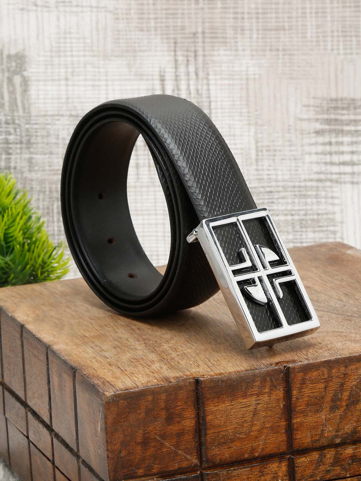 Black/Chrome Men's Black Formal Italian Leather Textured Belt For Men