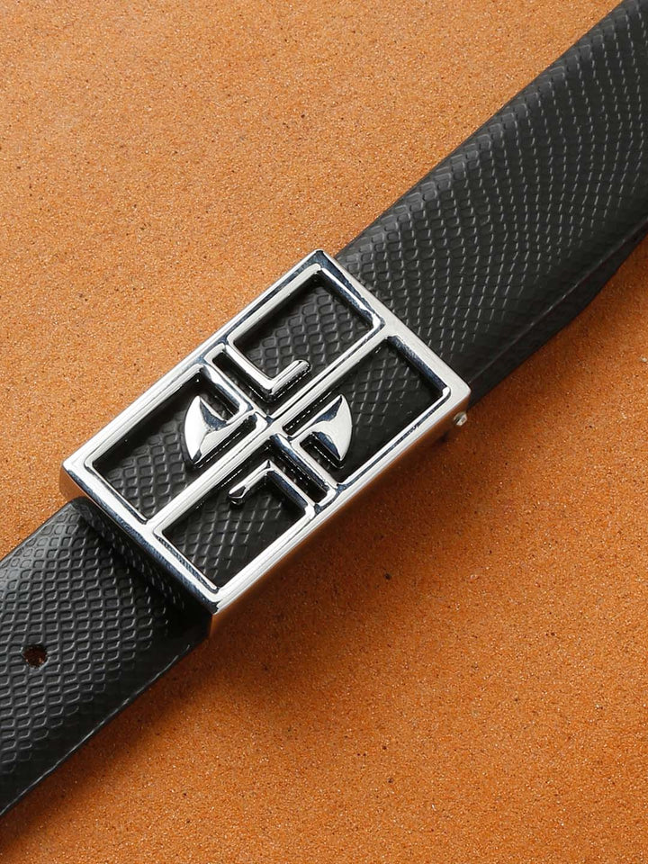 Black/Chrome Men's Black Formal Italian Leather Textured Belt For Men