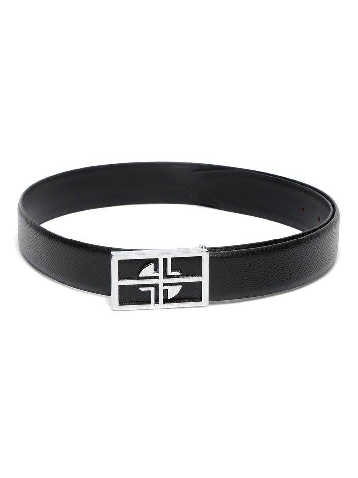 Black/Chrome Men's Black Formal Italian Leather Textured Belt For Men