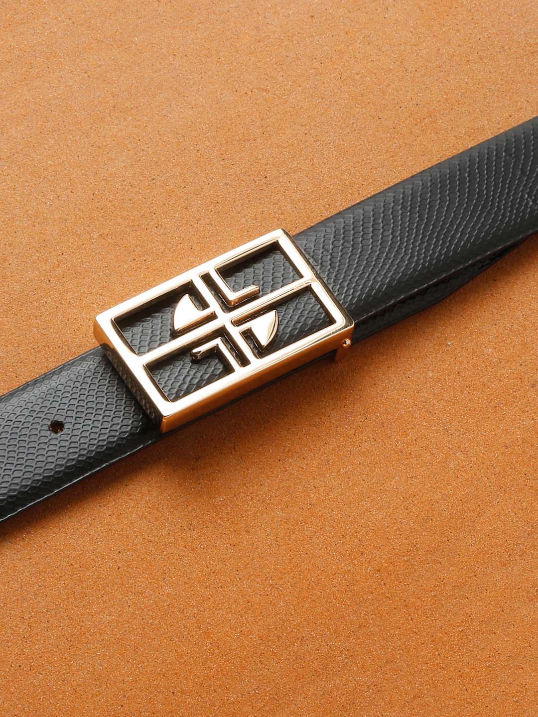 Black/Golden Men's Black Formal Italian Leather Textured Belt For Men