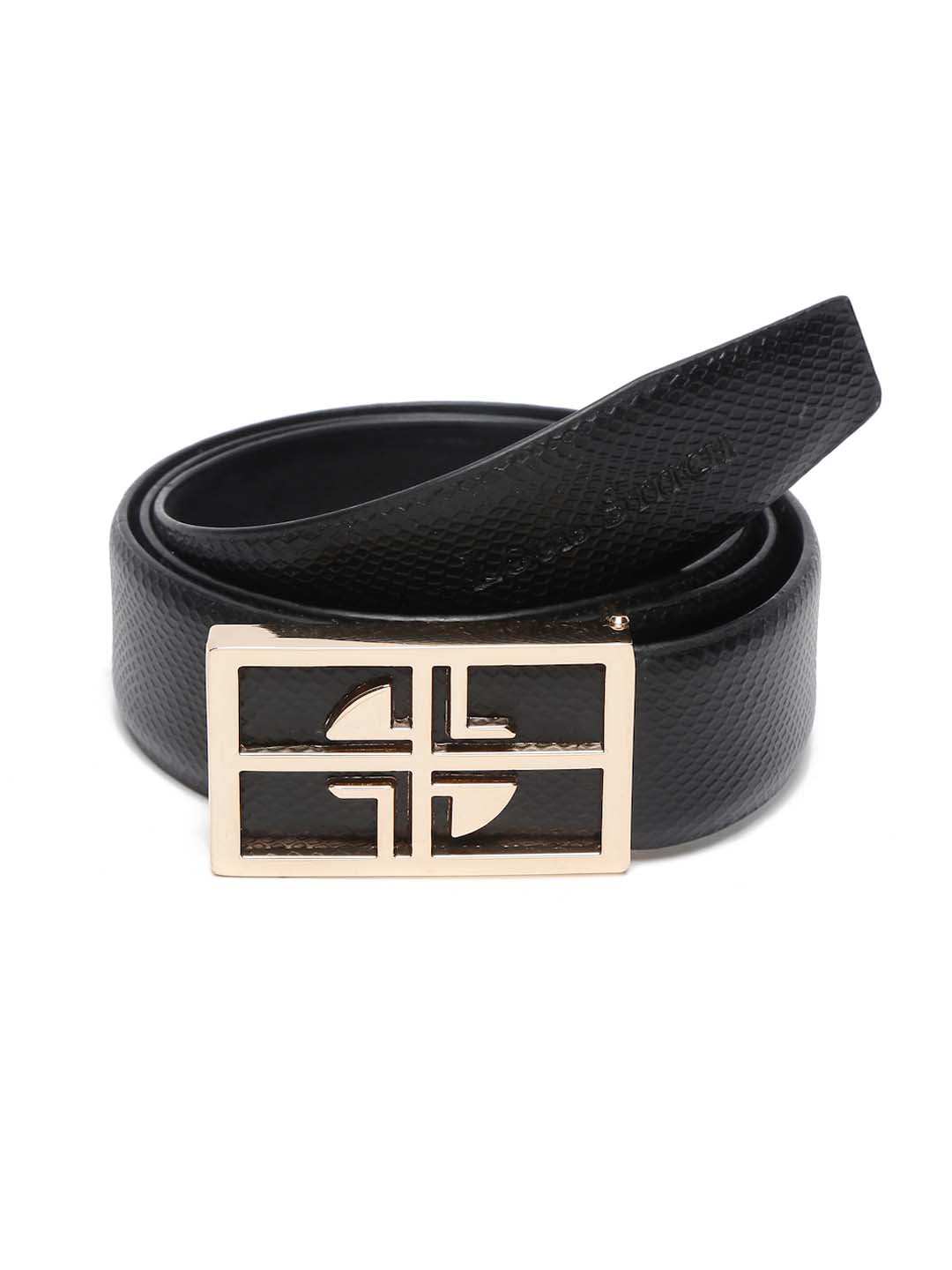 Black/Golden Men's Black Formal Italian Leather Textured Belt For Men